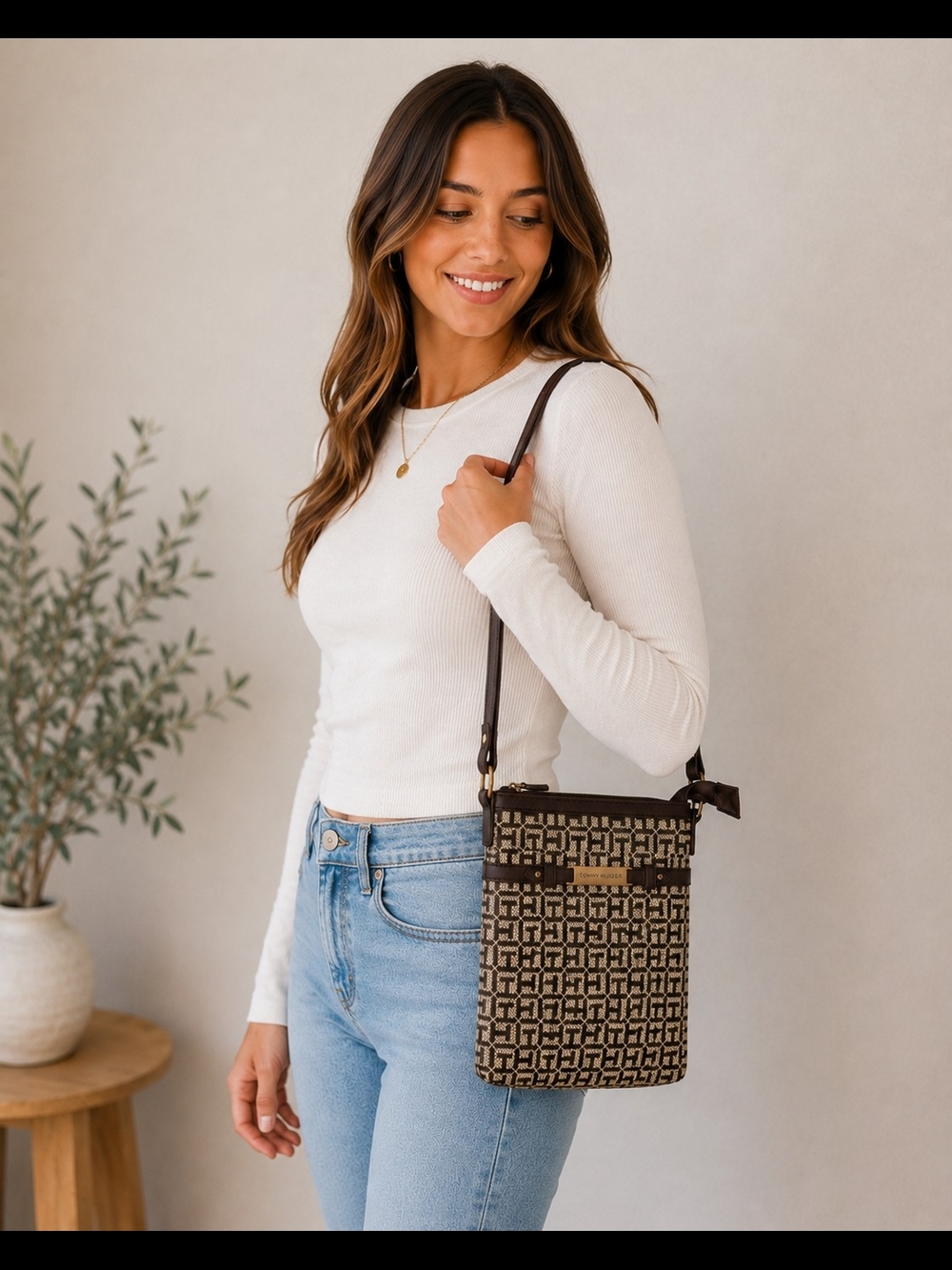 Woven Pattern Crossbody Bag - Brown